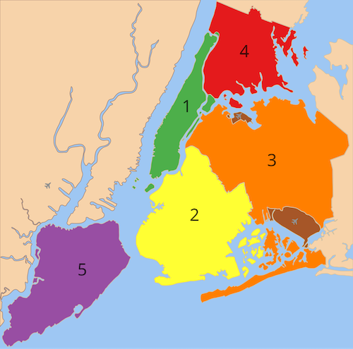 New York, Queens, Brooklyn, Staten Island, The Bronx, and Long Island