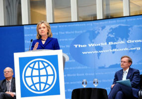 U.S. Secretary of State Hillary Rodham Clinton delivers remarks on World Water Day in the World Bank Atrium in Washington, D.C.